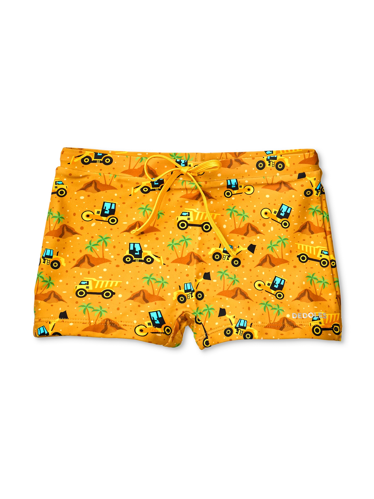 Vrolijk elastisch zwemshort voor kinderen Graafmachine op het strand