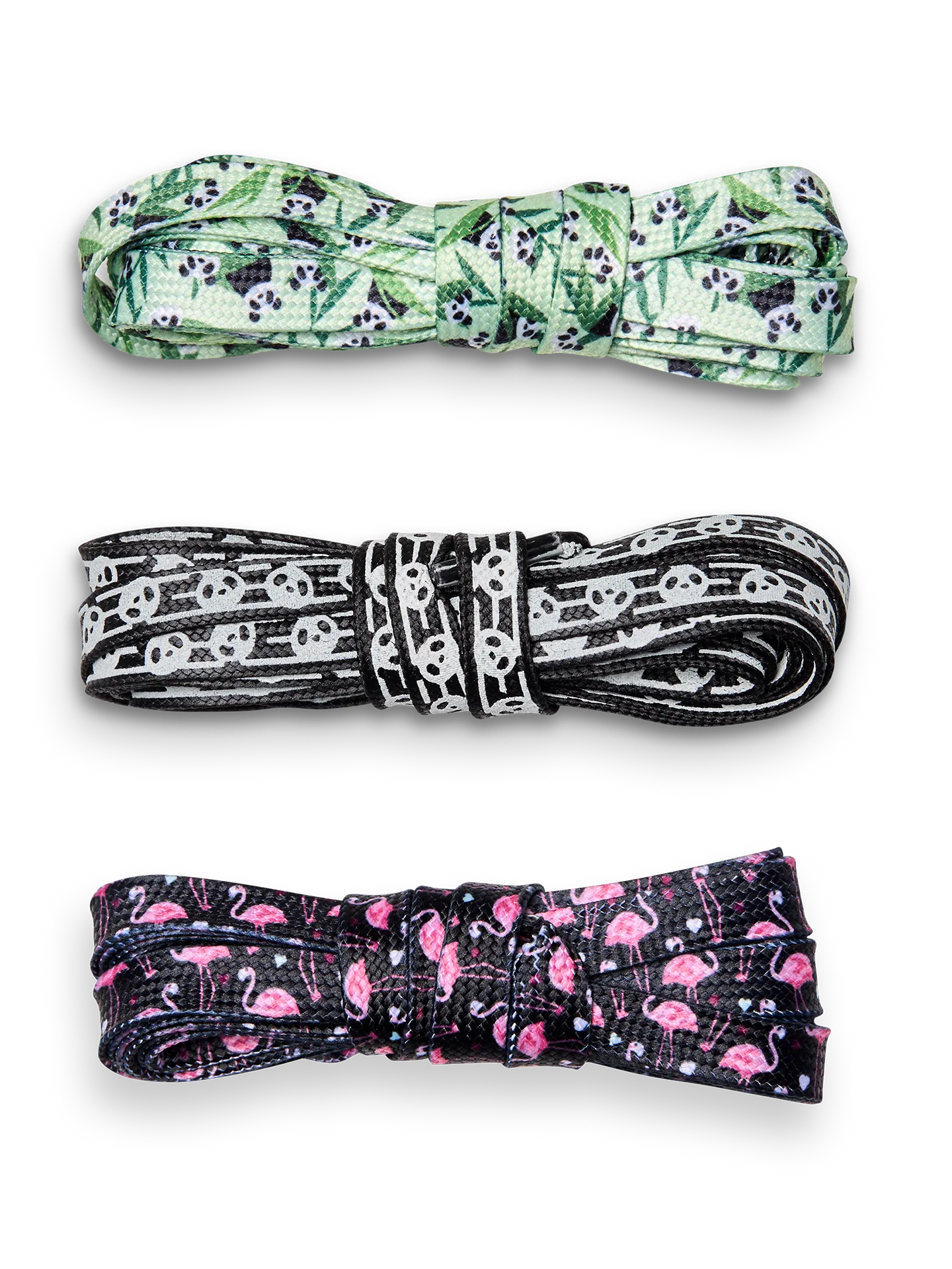 Vrolijke schoenveters 3-pack Panda's en flamingo's