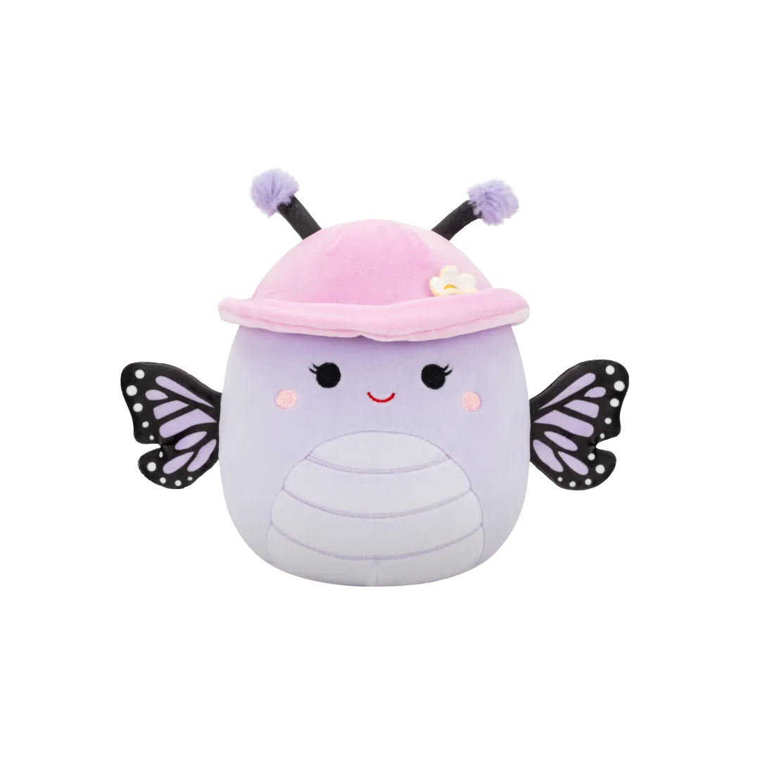 Squishmallows Bibiana de lavendel monarchvlinder met hoed en bloem, 20 cm