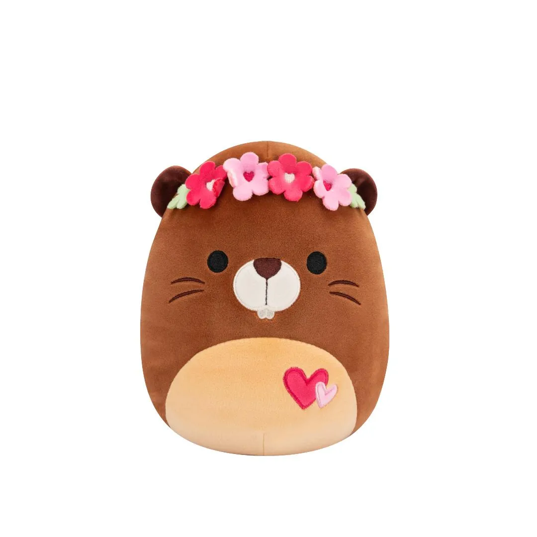 Squishmallows Knabbel de bruine bever met bloemenkroon en hartjes, 20 cm