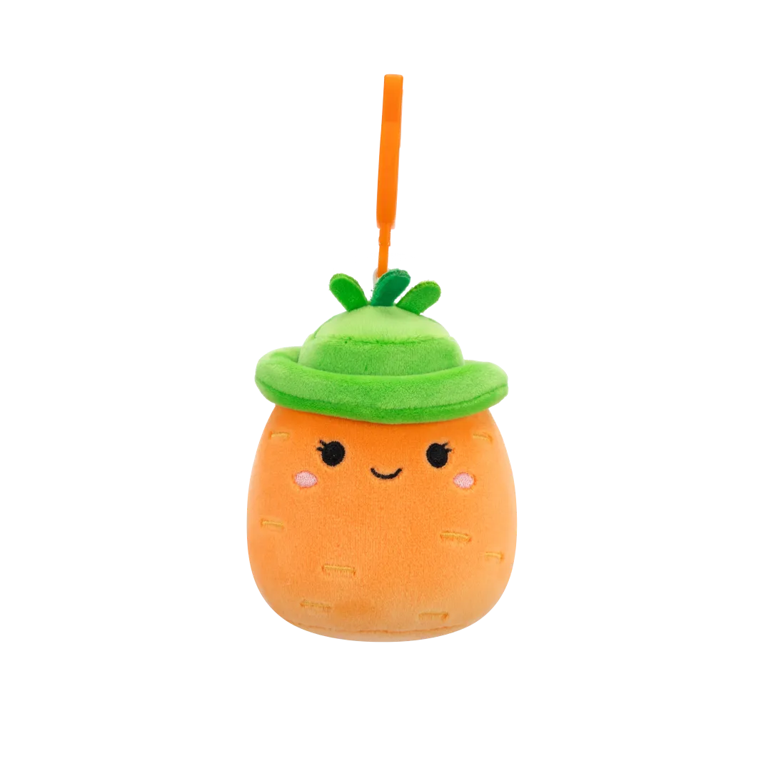 Squishmallows Clip-On Caroleena de oranje wortel met emmerhoed, 9 cm