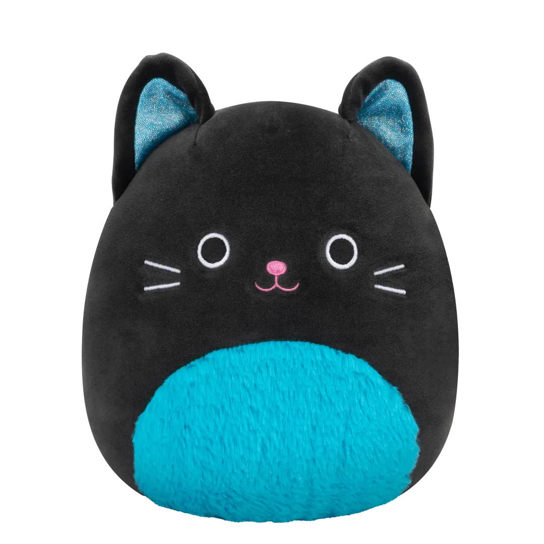 Squishmallows Eponine - Zwarte kat met neonblauwe pluizige buik en glinsterende oren, 20 cm