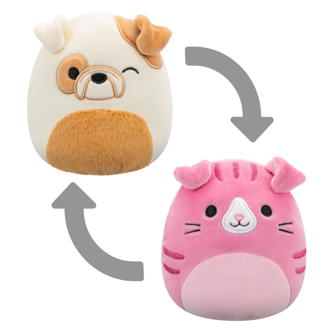 Squishmallows 2-in-1 Geraldine de Schotse Kat/Brock de bulldog, 13 cm