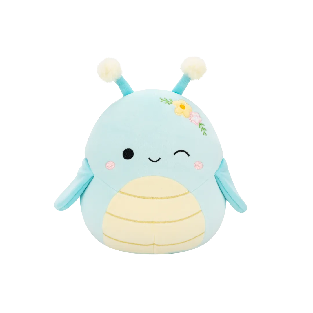 Squishmallows Giles de knipogende blauwe sprinkhaan met bloemen, 20 cm
