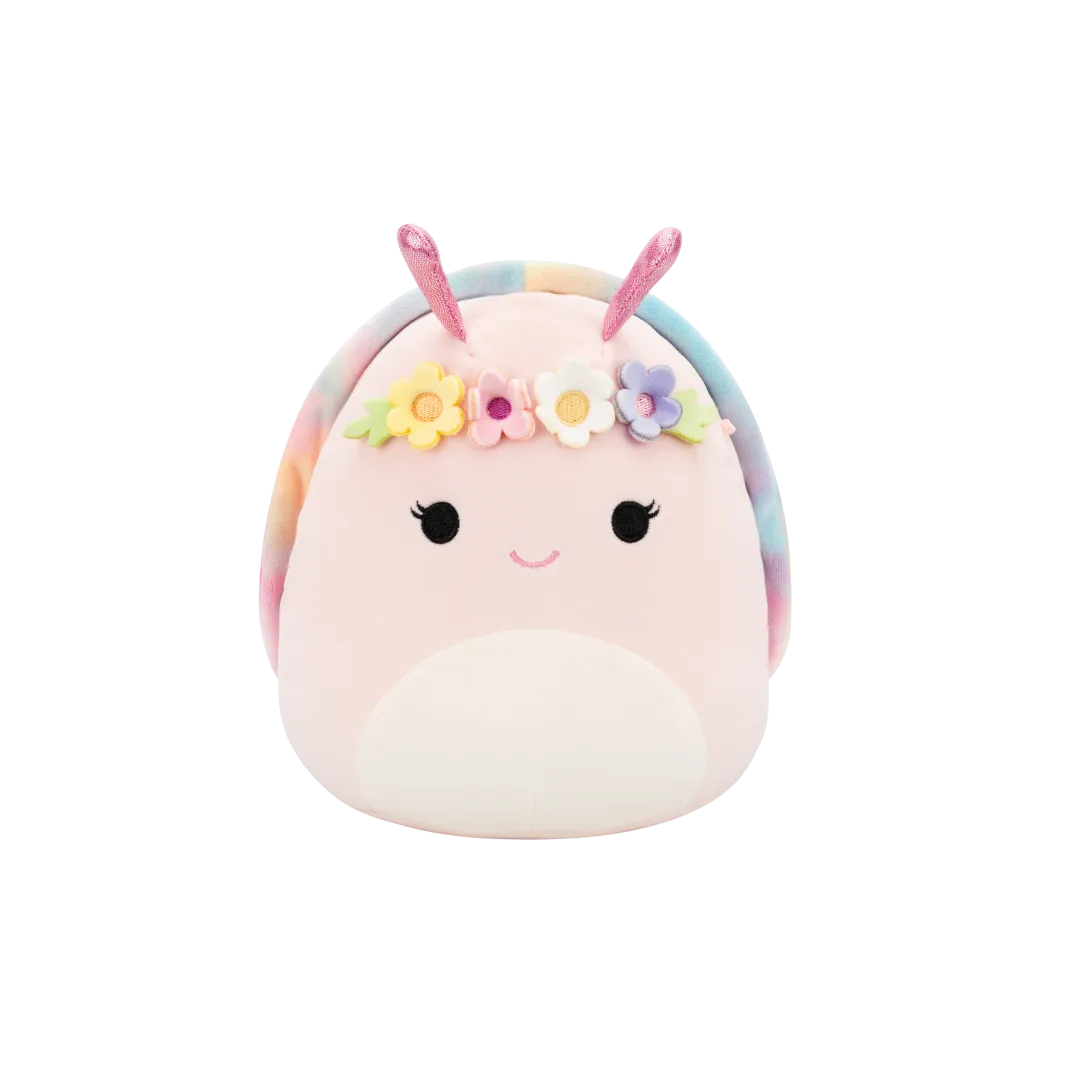 Squishmallows Silvina de roze slak met regenboogschelp en bloemenkroon, 20 cm