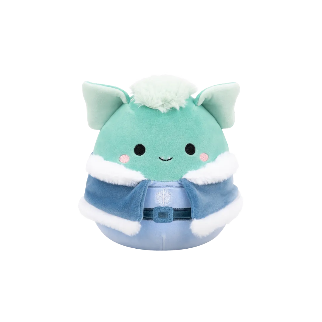 Squishmallows Troye de bleek blauwgroene goblin met winter outfit, 20 cm